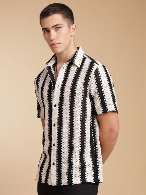 H&M Crochet Striped Short Sleeve Shirt