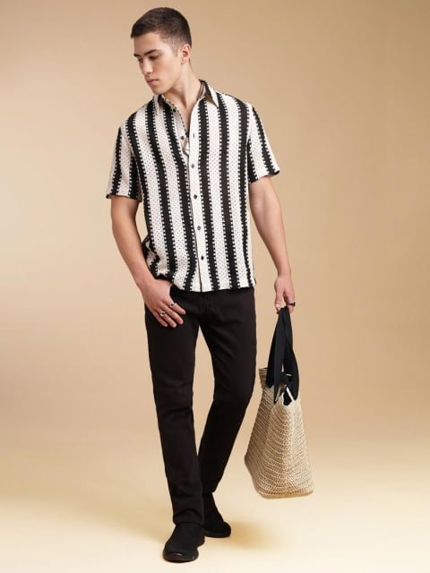 H&M Crochet Striped Short Sleeve Shirt