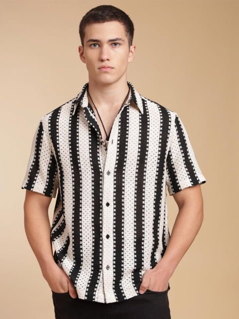 H&M Crochet Striped Short Sleeve Shirt