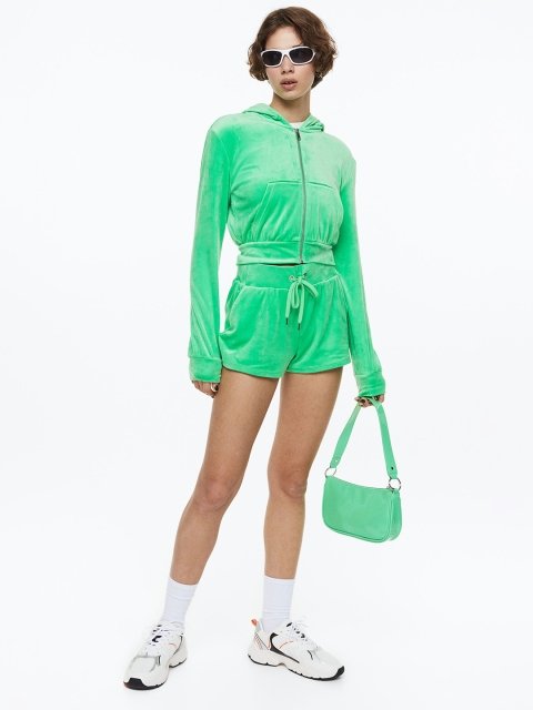 H&M Cropped Velour Zip-Through Hoodie