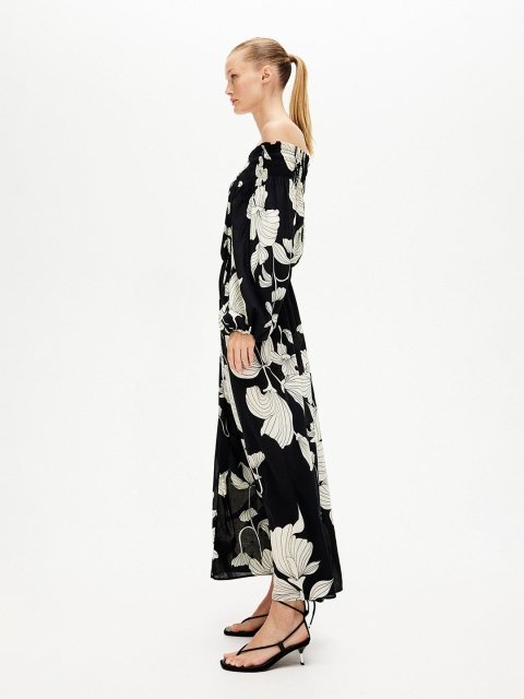 H&M Floral Printed Smocked Off-Shoulder Maxi Dress