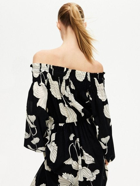 H&M Floral Printed Smocked Off-Shoulder Maxi Dress