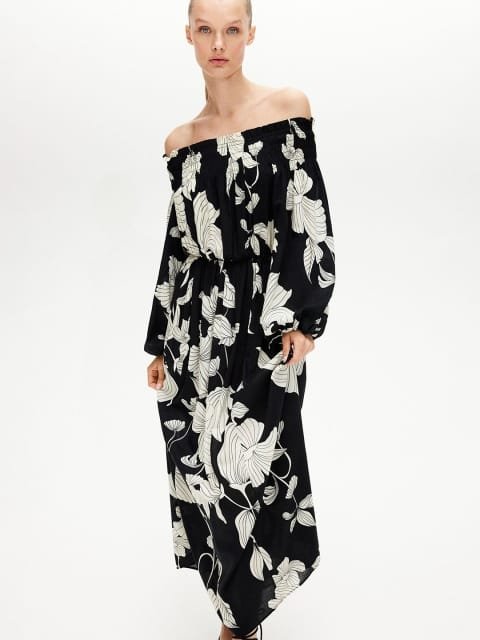H&M Floral Printed Smocked Off-Shoulder Maxi Dress