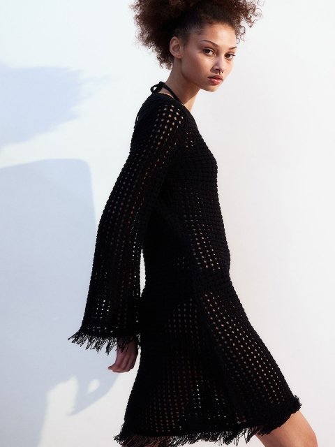 H&M Fringe-Trimmed Hole-Knit Dress