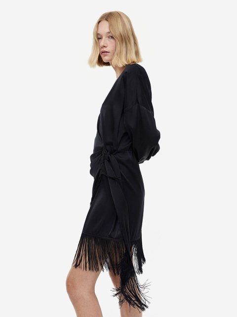 H&M Fringe-Trimmed Satin Wrap Dress