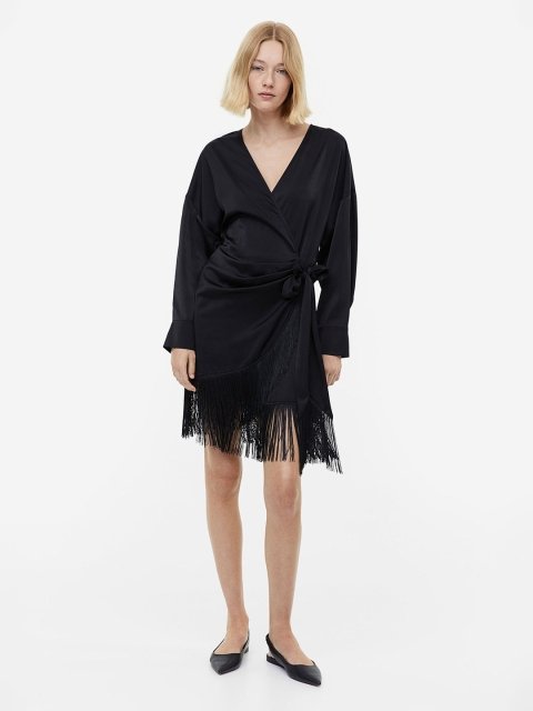 H&M Fringe-Trimmed Satin Wrap Dress