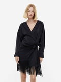 H&M Fringe-Trimmed Satin Wrap Dress