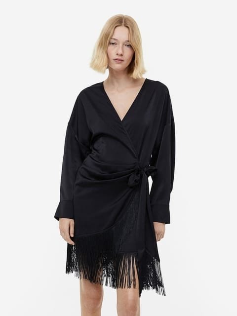 H&M Fringe-Trimmed Satin Wrap Dress