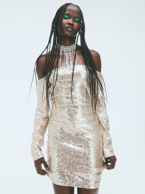 H&M Gold-Toned Sequined Off-The-Shoulder Dress