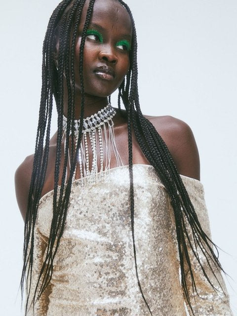 H&M Gold-Toned Sequined Off-The-Shoulder Dress