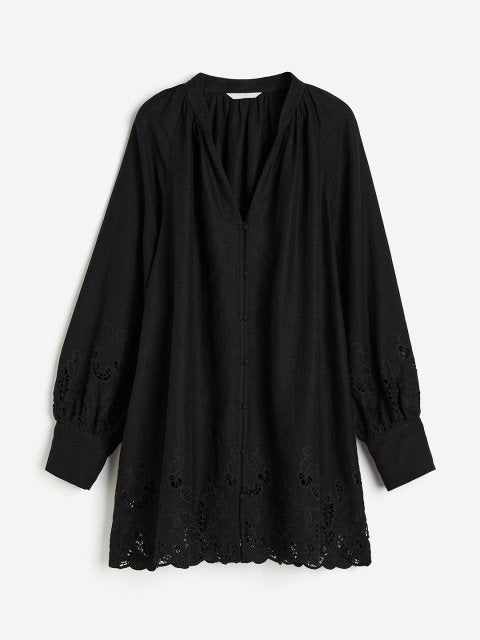 H&M Linen-Blend Dress With Broderie Anglaise