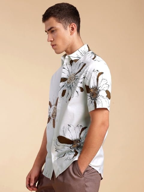 H&M Linen Blend Floral Print Short Sleeve Shirt