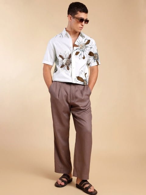 H&M Linen Blend Floral Print Short Sleeve Shirt