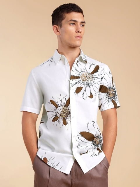 H&M Linen Blend Floral Print Short Sleeve Shirt