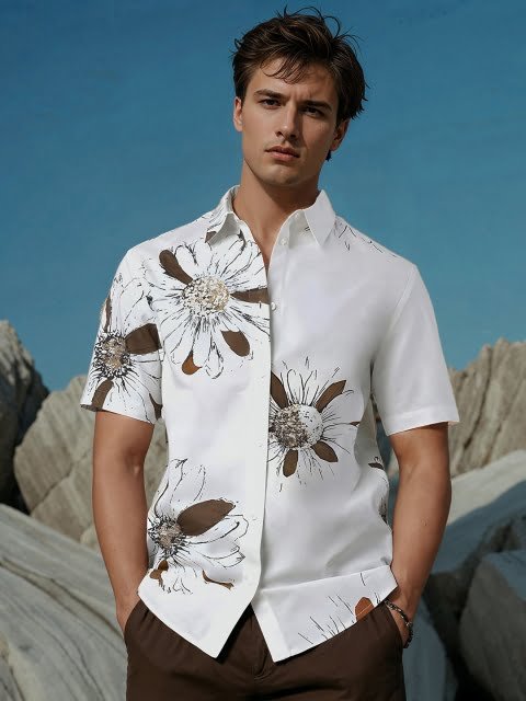 H&M Linen Blend Floral Print Short Sleeve Shirt