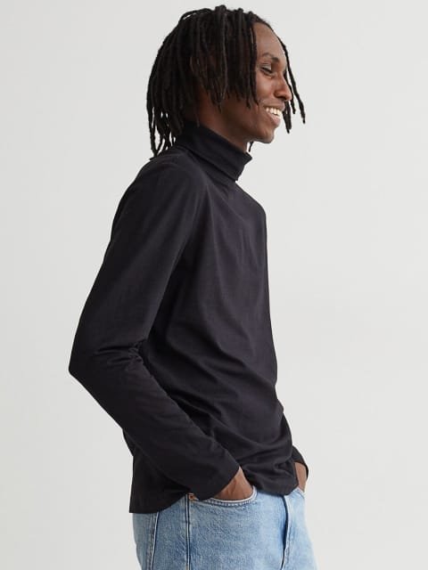 H&M Men Black Slim Fit Cotton Polo-Neck Top
