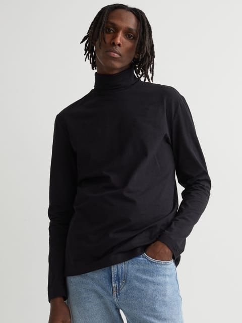 H&M Men Black Slim Fit Cotton Polo-Neck Top