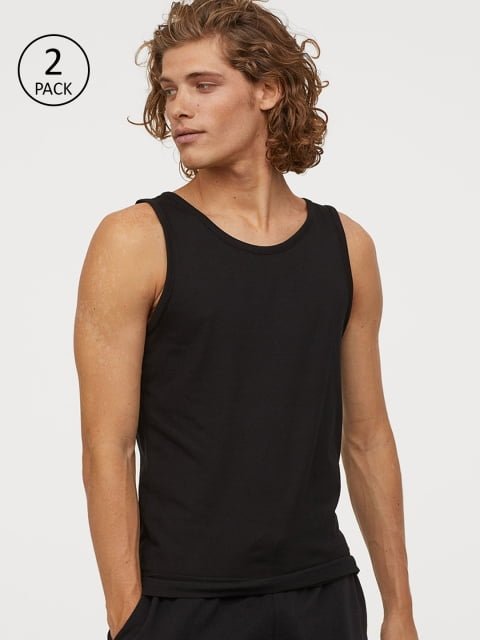 H&M Men Black Solid 2-Pack Vest Sustainable Tops Regular Fit