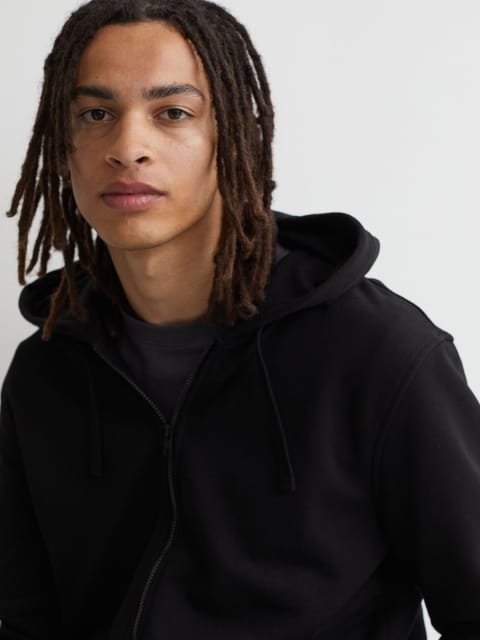 H&M Men Black Solid Relaxed Fit Zip-Through Hoodie