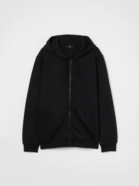 H&M Men Black Solid Relaxed Fit Zip-Through Hoodie