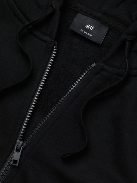 H&M Men Black Solid Relaxed Fit Zip-Through Hoodie