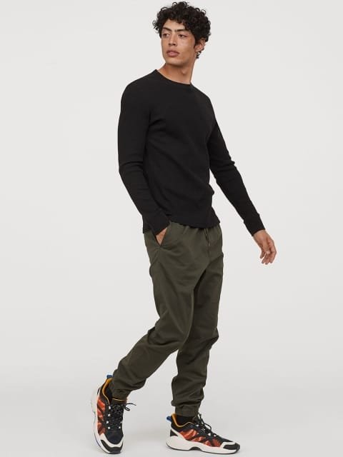 H&M Men Black Solid Waffled Jersey Sustainable Top