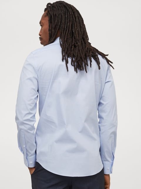 H&M Men Blue Solid Stretch Shirt Slim Fit