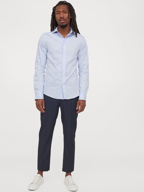 H&M Men Blue Solid Stretch Shirt Slim Fit
