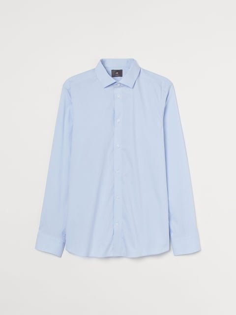 H&M Men Blue Solid Stretch Shirt Slim Fit