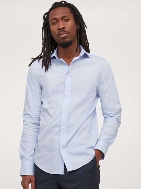 H&M Men Blue Solid Stretch Shirt Slim Fit