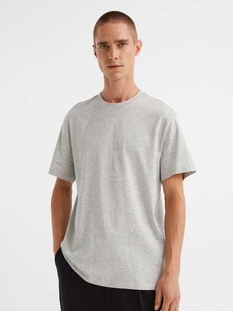 H&M Men Grey Regular Fit Round-Neck T-shirt