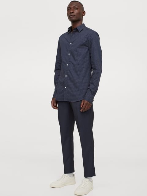 H&M Men Navy Blue & White Slim Fit Easy-Iron Shirt