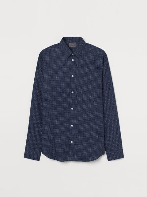 H&M Men Navy Blue & White Slim Fit Easy-Iron Shirt