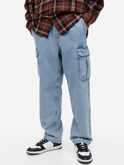 H&M Men Pure Cotton Loose Cargo Denim Joggers
