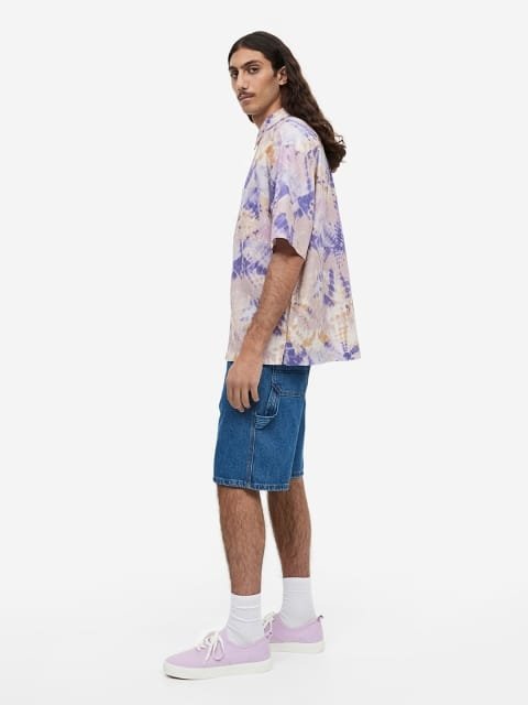 H&M Men Relaxed Fit Short-Sleeved Linen Cotton Shirt