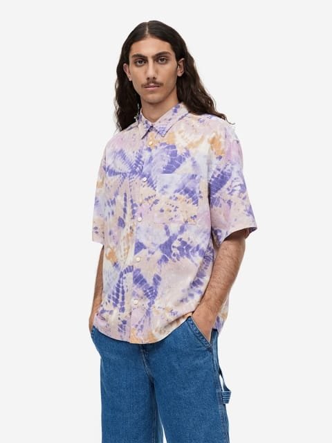 H&M Men Relaxed Fit Short-Sleeved Linen Cotton Shirt