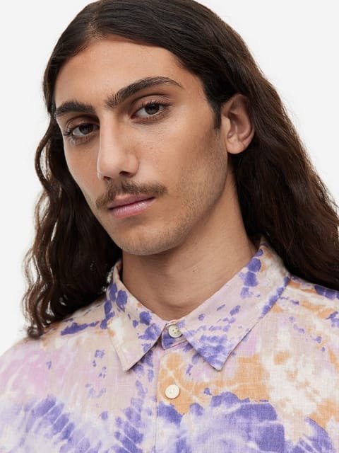 H&M Men Relaxed Fit Short-Sleeved Linen Cotton Shirt