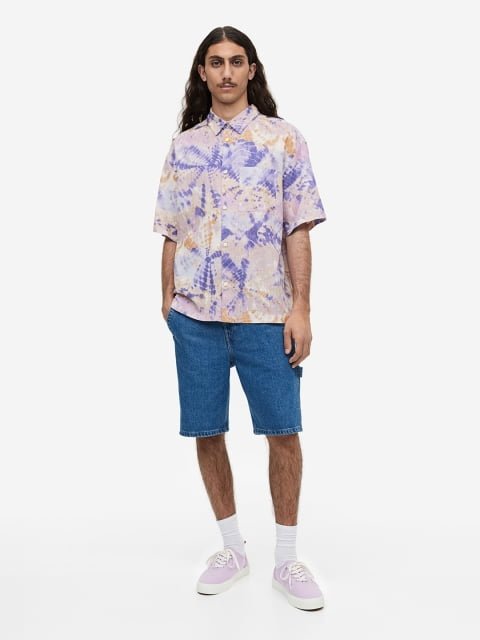 H&M Men Relaxed Fit Short-Sleeved Linen Cotton Shirt