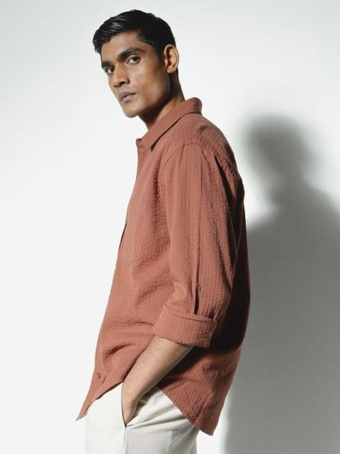 H&M Men Standard Spread Collar Solid Cotton Casual Shirt