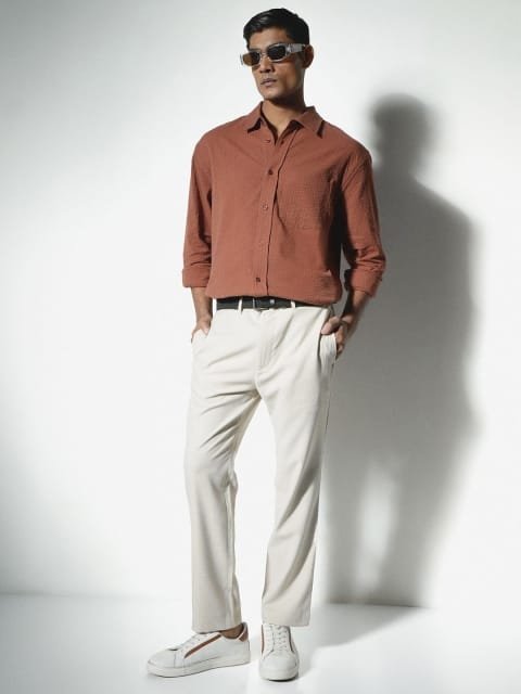H&M Men Standard Spread Collar Solid Cotton Casual Shirt
