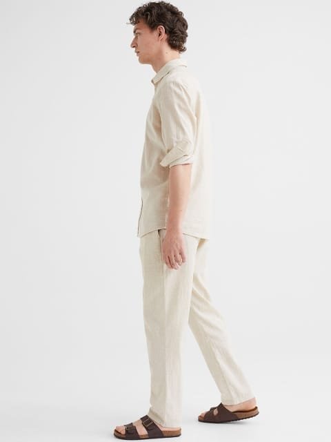 H&M Men White Regular Fit Linen-Mix Trousers