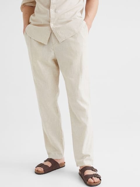H&M Men White Regular Fit Linen-Mix Trousers
