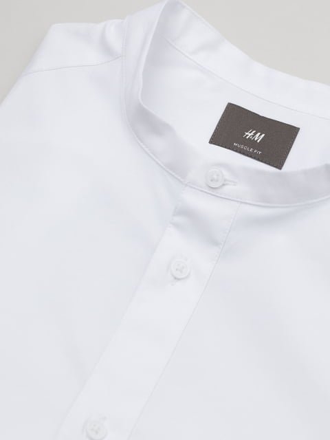 H&M Men White Solid Muscle Fit Grandad Shirt