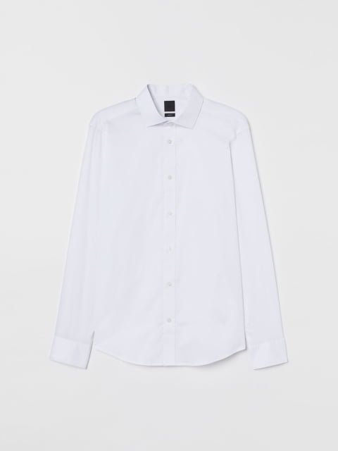 H&M Men White Solid Stretch Shirt Slim Fit