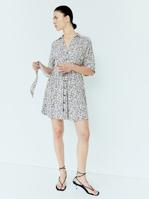 H&M Printed Tie-Belt Shirt Dress