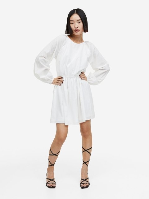 H&M Pure Cotton Balloon-Sleeved Open-Backed Dress