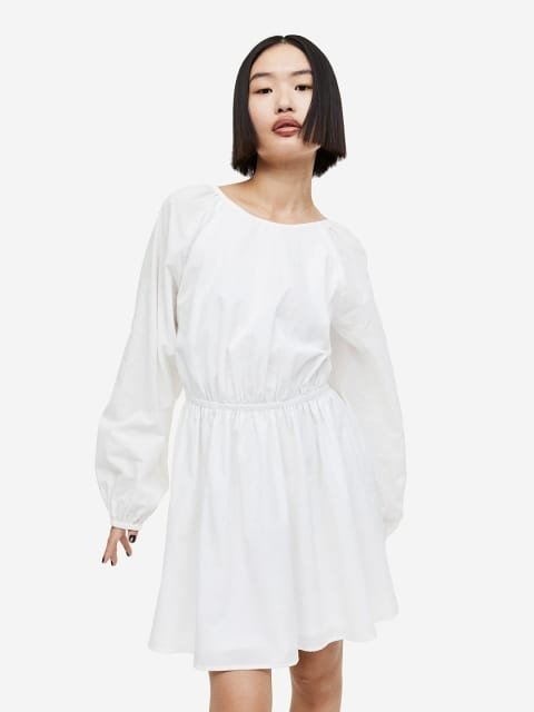 H&M Pure Cotton Balloon-Sleeved Open-Backed Dress