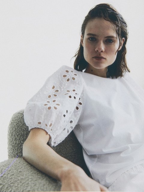 H&M Pure Cotton Broderie-Anglaise-Sleeve Top