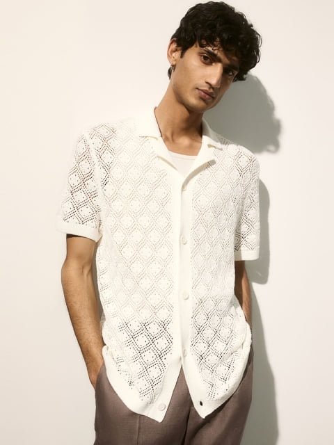 H&M Pure Cotton Regular Fit Crochet-look Resort Shirt