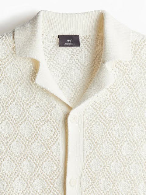 H&M Pure Cotton Regular Fit Crochet-look Resort Shirt